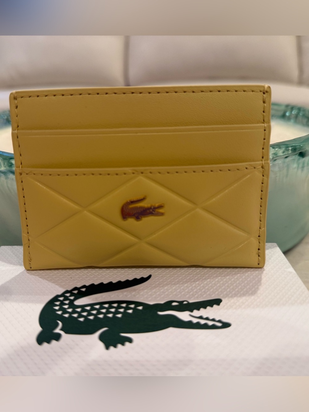 Lacoste Quilted Leather Card Case in Pale Yellow NWT & Box - Picture 2 of 5